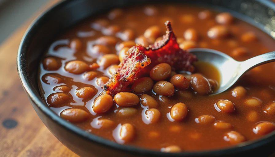 Close-up bowl of smoky baked beans with bacon bits and a slotted spoon, highlighting the rich, glossy sauce.