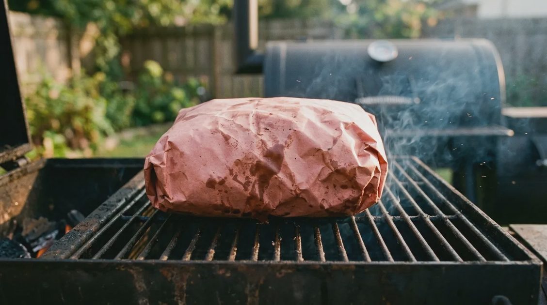 Pork butt wrapped in butcher paper on smoker grate with clean smoke