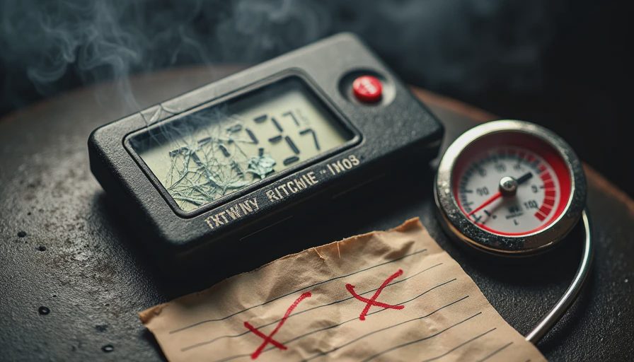 A cracked kitchen timer and a broken meat thermometer receiver lying on a cast iron smoker surface, illustrating how scheduled timing fails in the backyard.