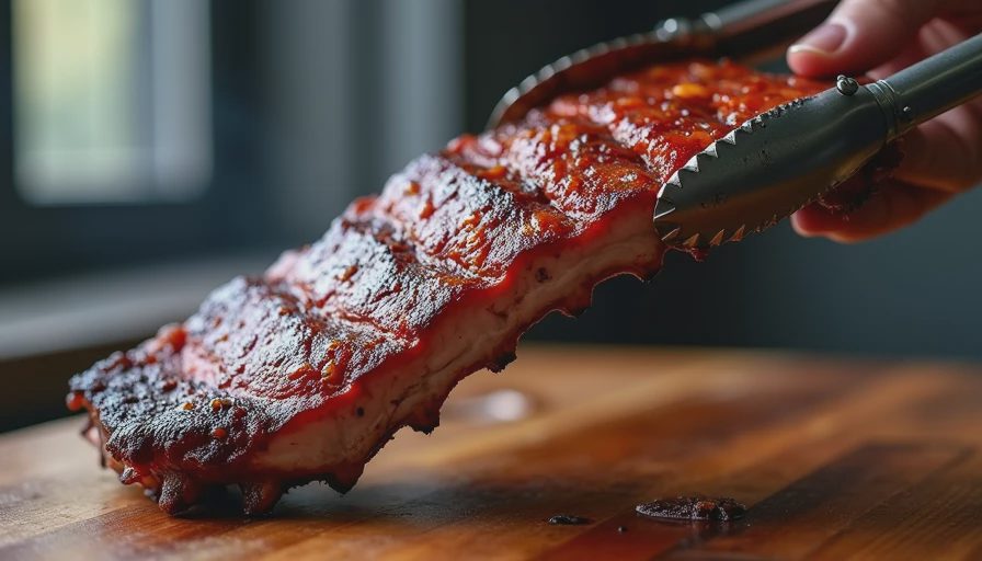 Rack of ribs lifted with tongs showing a gentle bend and cracked bark, demonstrating the doneness test.