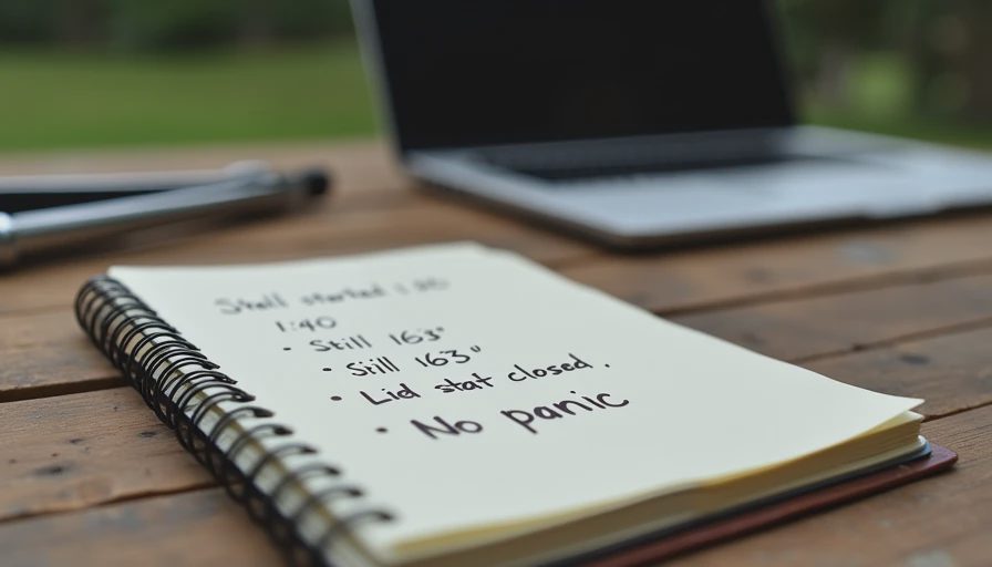 Open spiral notebook with handwritten stall notes next to tongs, documenting a patient no-panic cook.