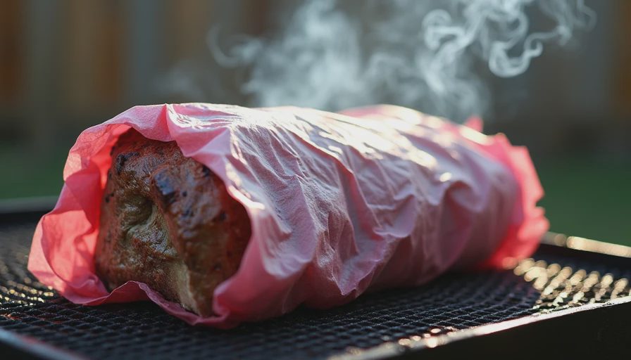 Brisket wrapped in butcher paper on offset smoker grate with clean blue smoke