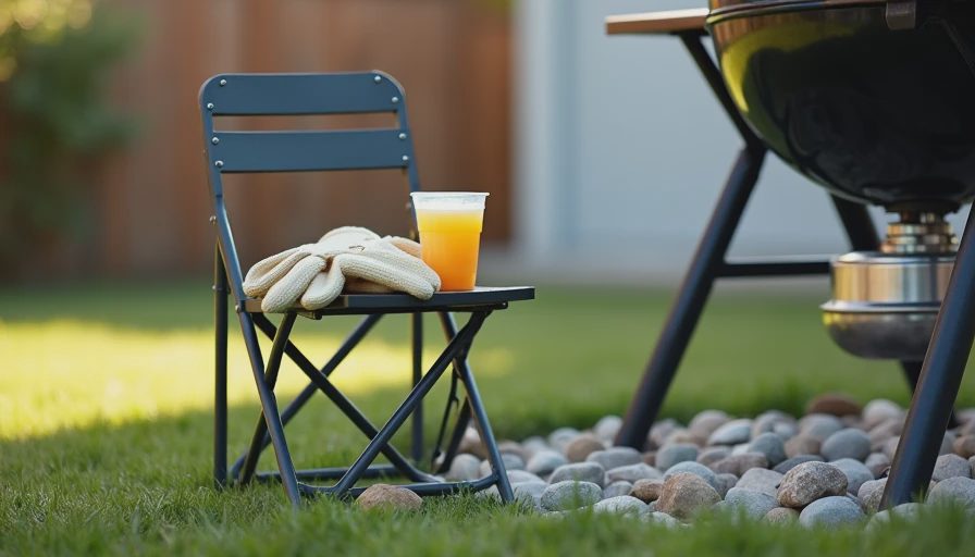 Small chair outside a rock boundary near an offset smoker, holding oversized gloves and a cup of apple juice.