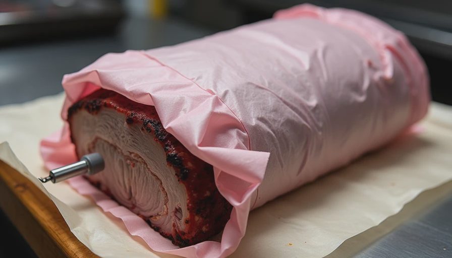 Brisket tightly wrapped in butcher paper with a probe still inserted, showing the over-wrapped stage that led to a dry result.