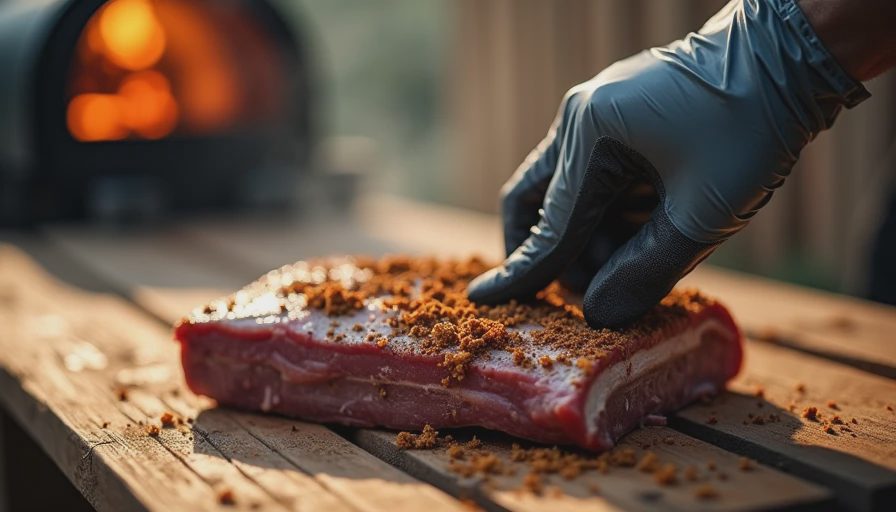 A gloved hand coating a raw brisket with a generous layer of coarse, homemade barbecue rub on a wooden table.