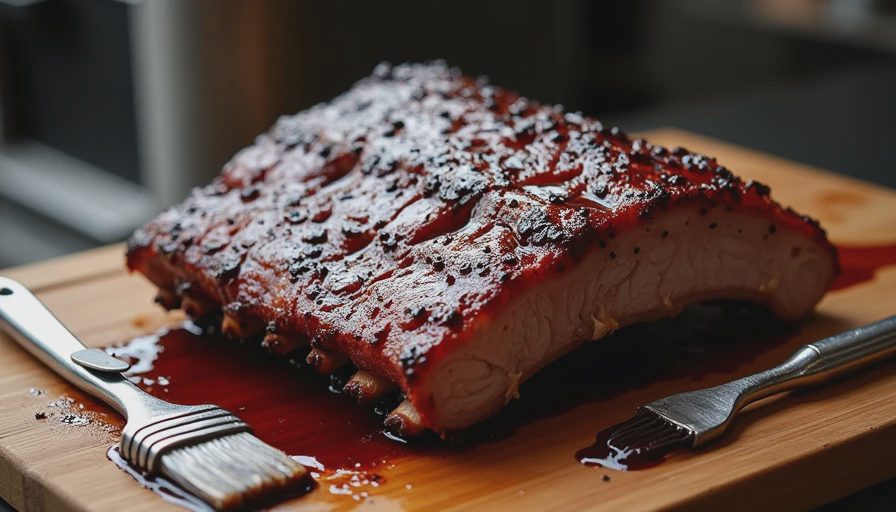 Close-up of freshly glazed pork ribs on a wooden cutting board, showing the glossy, sticky finish of a reduced barbecue sauce.
