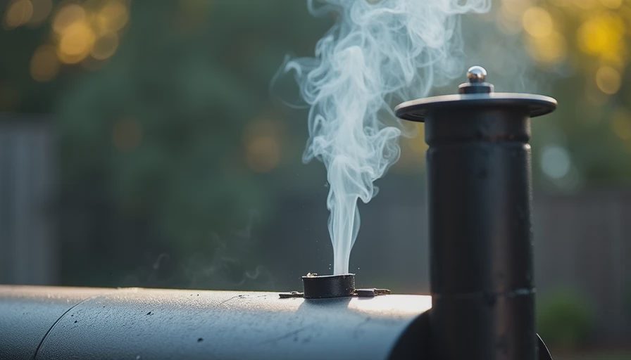 Clean thin blue smoke rising from offset smoker stack