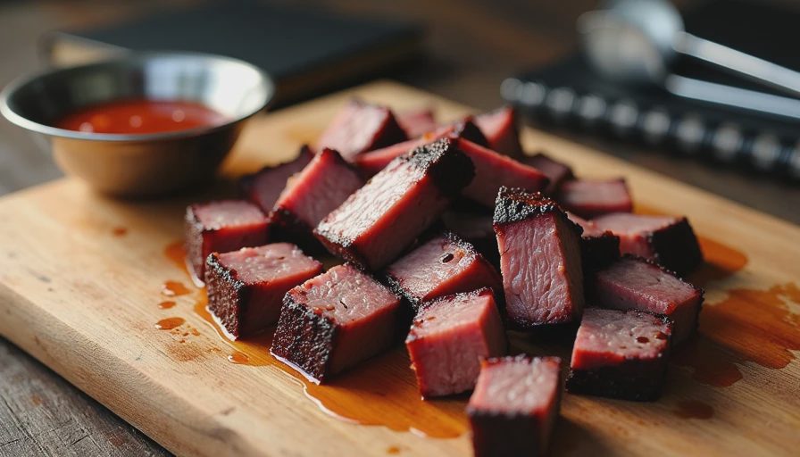 Freshly cubed brisket point pieces on a wooden board next to a bowl of thick barbecue sauce, ready for the second cook.