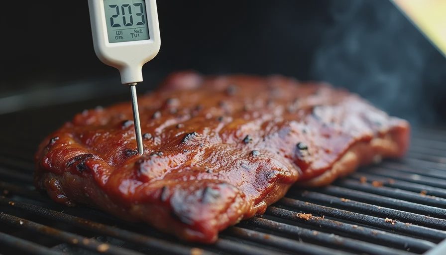 Leave-in thermometer probe in a brisket displaying 203°F, the classic number that still produced a tight result.