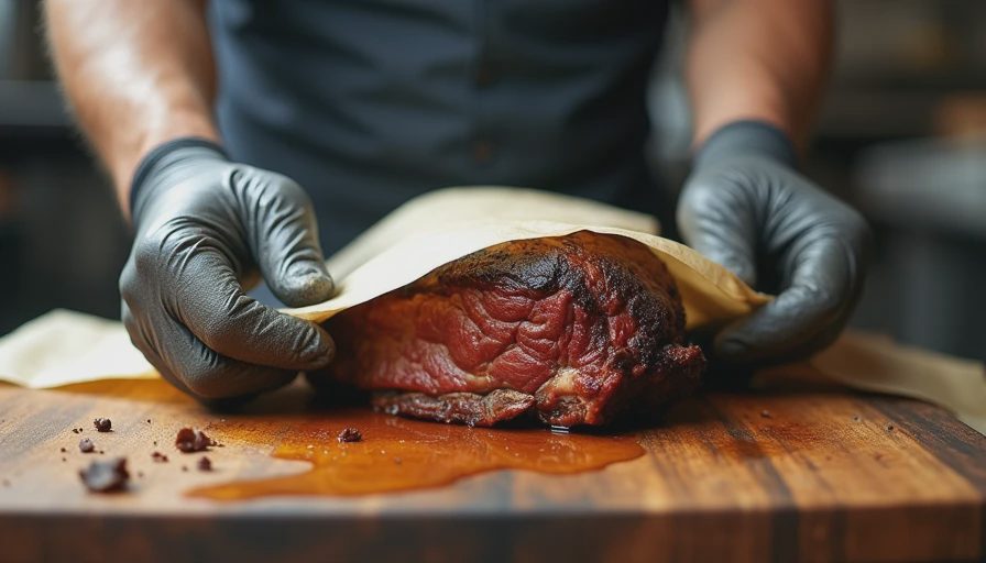 Pitmaster's gloved hands wrapping a smoked brisket in pink butcher paper on a wooden cutting board.