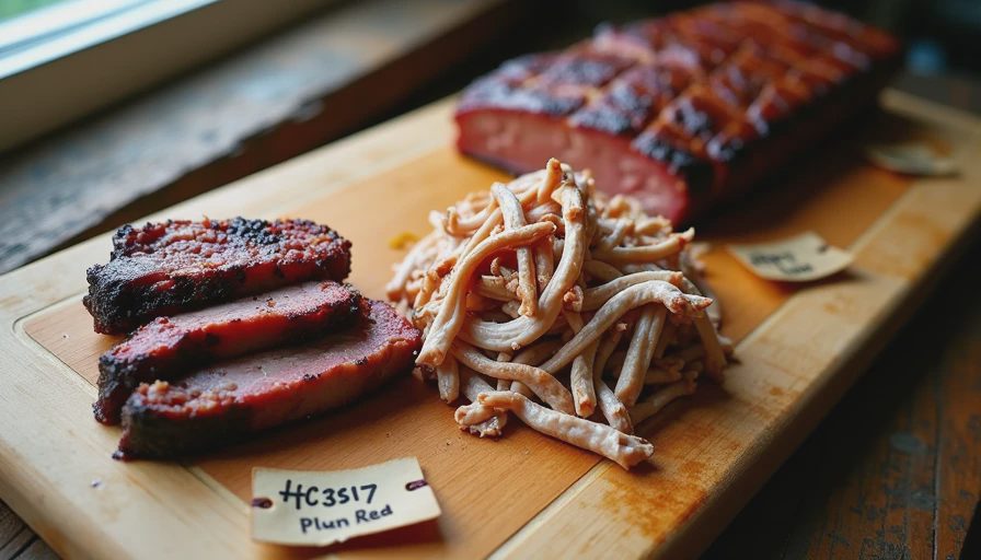 A wooden cutting board with labelled piles of brisket, pulled pork, and ribs with handwritten price tags, showing the per-pound cost of barbecue.