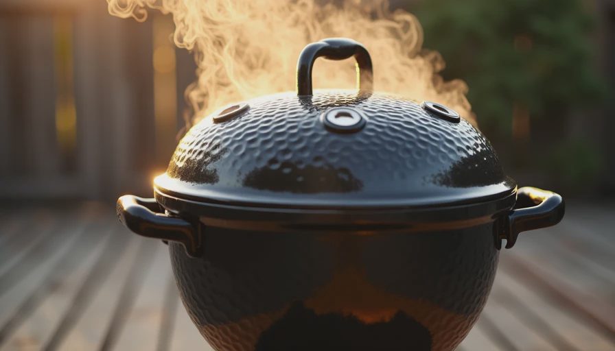 Charcoal kettle smoker with clean smoke rising from the vent
