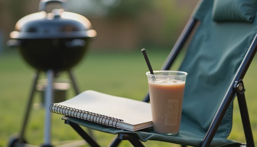 Empty lawn chair beside an offset smoker holding a spiral notebook and a drink, suggesting the cook has finally sat down.