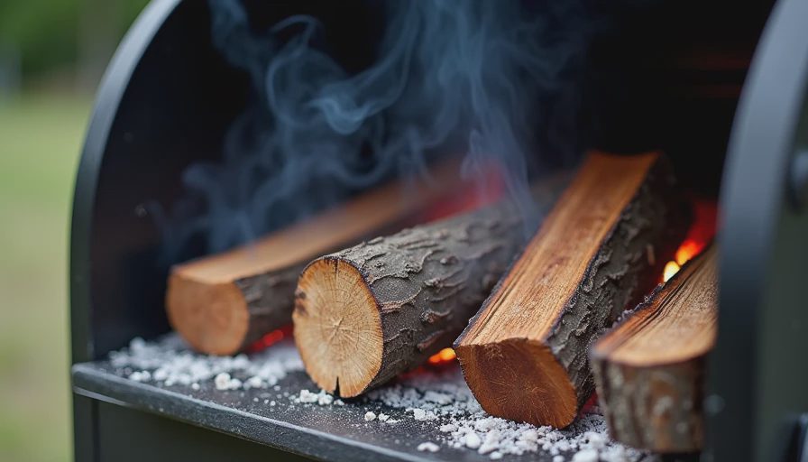 Clean-burning oak and hickory wood in offset smoker firebox with blue smoke