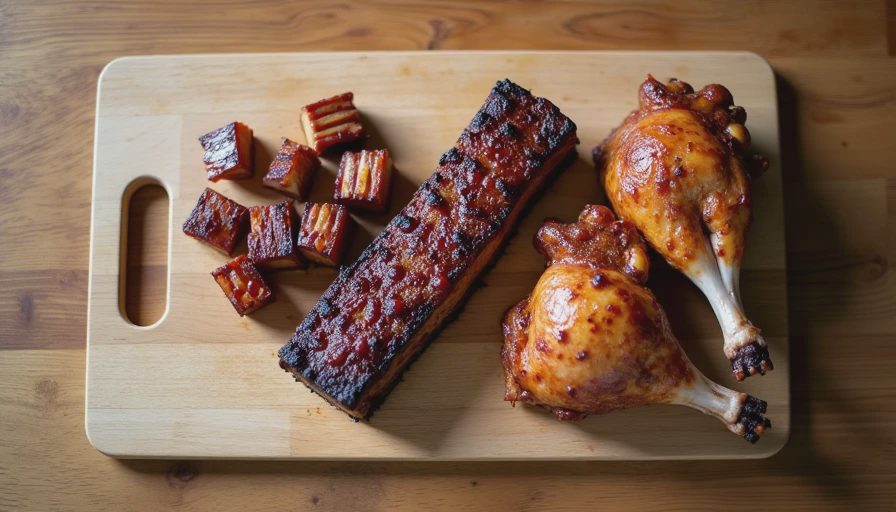 Close-up of pork-belly burnt ends, dry-rubbed ribs, and smoked chicken thighs arranged on a wooden board for a quiet dinner.